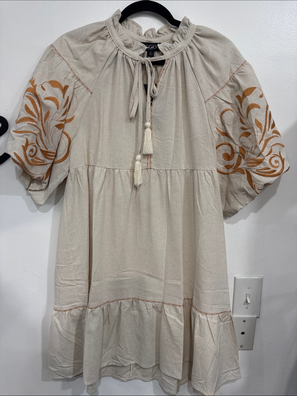 Boho Cream Mini Dress with Tan Embroidered Sleeves